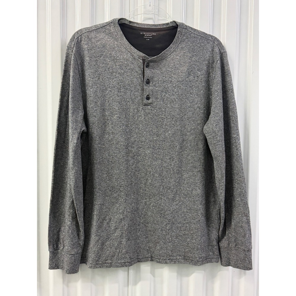 Structure Henley Shirt Mens Large Grey Excellent Slim Fit Long Sleeve Cotton